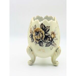 Vintage Napcoware Yellow Rose Cracked Egg Vase Tripod Feet Gold Trim C3199/M